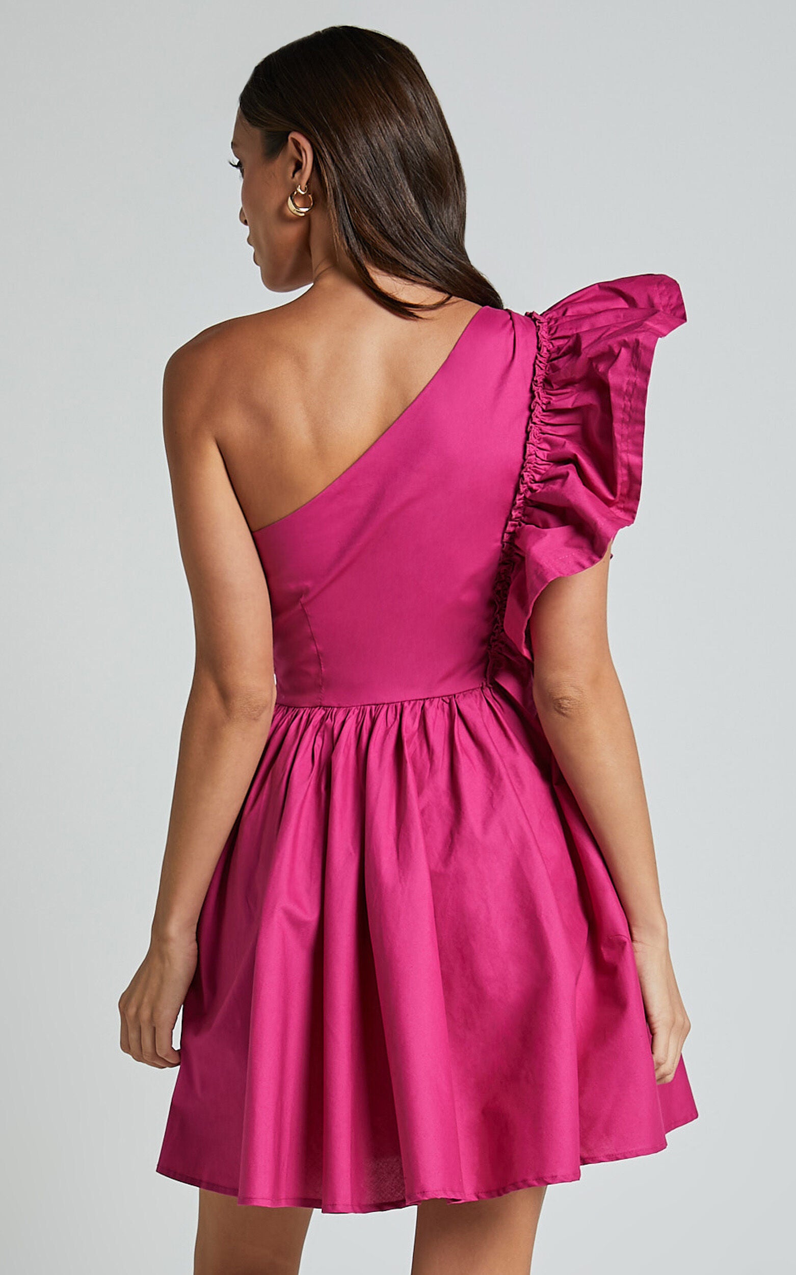 Brodie Mini Dress - One Shoulder Frill Dress in Raspberry