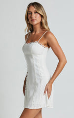 Gelli Mini Linen Dress - Strappy Lace Detail Dress in White
