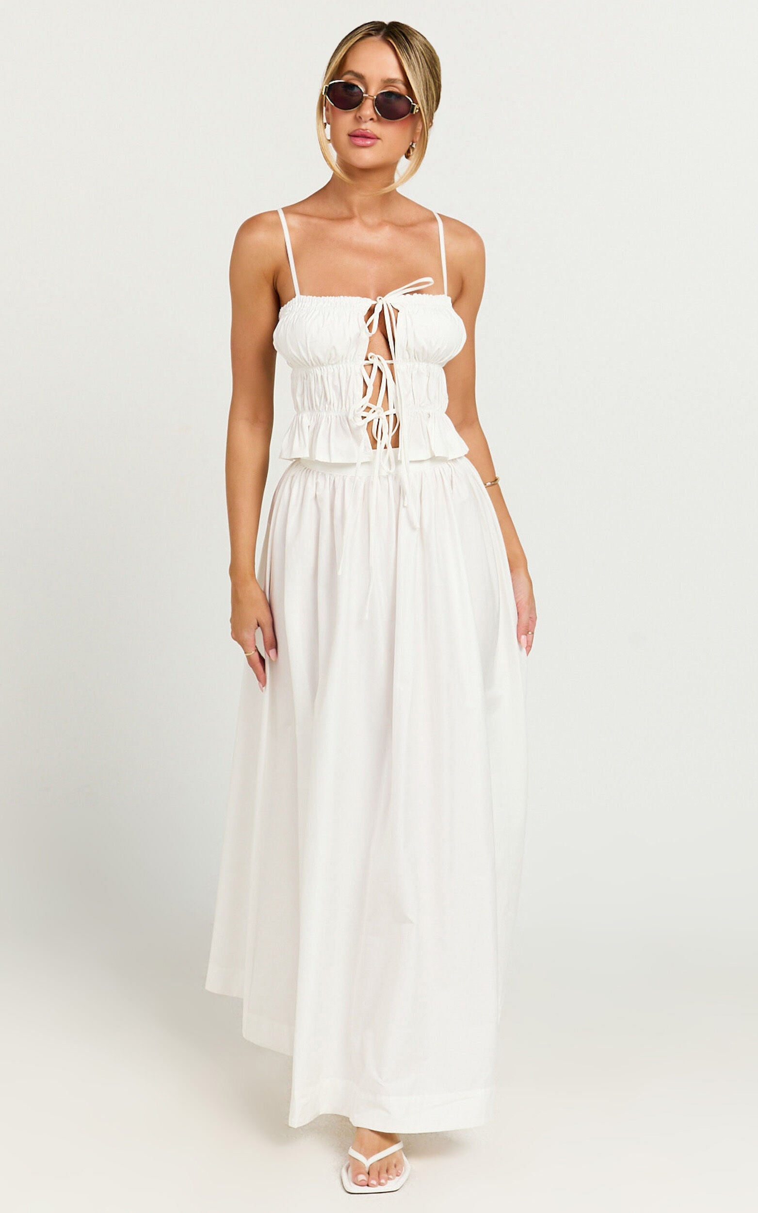 Preston Top - Ruched Tie Front Camisole Top in White