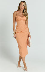 Frederica Midi Linen Dress - Gathered Sweetheart Tie Back Front Split Dress in Orange