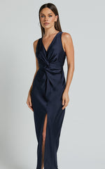 Mariah Maxi Dress - Twist Detail Wrap Hem Satin Dress in Midnight Blue