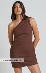 Mardelle Mini Dress - Linen One Shoulder Shift Dress in Chocolate