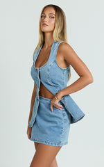Paige Mini Skirt - High Waisted Denim Skirt in Mid Blue Wash