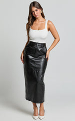 Victoria Midi Skirt - Mid Waisted Back Split Faux Leather Skirt in Black