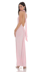 One Shoulder Scarf Strap Maxi Dress in Pink