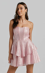 Mabel Mini Dress - Strapless Sweetheart Neck Tiered in Pink