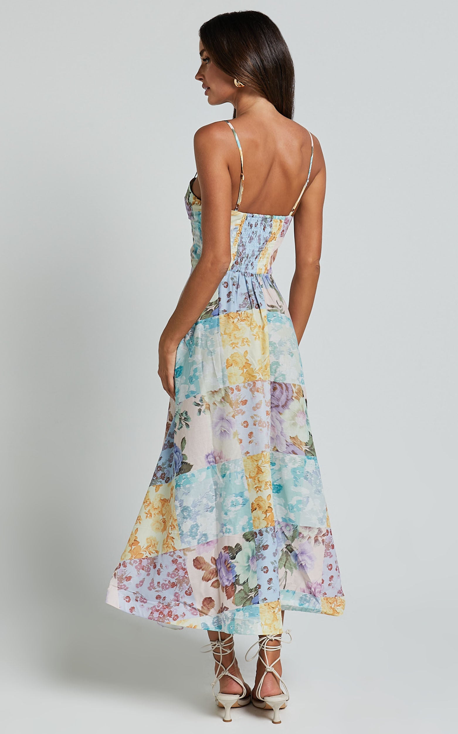 Robertson Midi Dress - Strappy Sweetheart Bustier Flare Dress in Vintage Floral