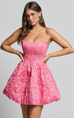 Inez Mini Dress - Jacquard Strapless Bubble Hem Dress in Pink