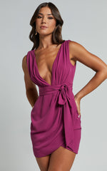 Astrea Mini Dress - Plunge Tie Waist Drape Dress in Berry
