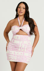 Amalie The Label - Lana Halter Front Cut Out Mini Dress in Mosaic Paradise Print