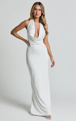 Sylvana Maxi Dress - Cowl Halter Neck Bodycon Dress in White