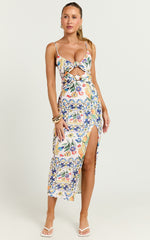 Janice Midi Dress - Knot Detail Front Split Dress in Positano Print