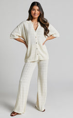 Tommy Two Piece Set - Knit Button Through Top and Pants Two Piece Set in Cream