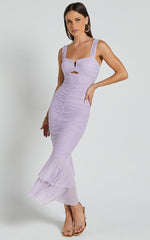 Kody Midi Dress - Bodycon Ruched Mesh Cut Out Dress in Lilac