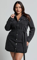 Enriquetta Mini Dress - Cotton Denim Long Sleeve Button Up Dress in Washed Black