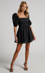 Claudina Mini Dress - Linen Look Puff Sleeve Ruched Bodice Dress in Black