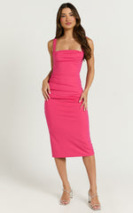 Tiffy Midi Dress - Square Neck Ruched Bodycon Dress in Pink