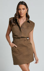 Dana Mini Dress - Collared Button Front Utility Dress in Khaki