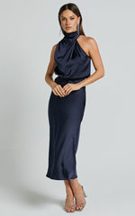 Minnie Midi Dress - Drape Neck Satin Slip Dress in Midnight Blue