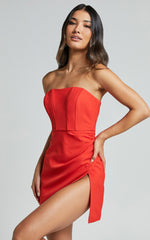 Bonne Mini Dress - Strapless Corset Side Split Dress in Red