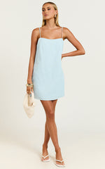 Mavie Mini Linen Dress - Linen Strappy Shift Dress in Soft Blue