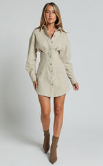 Sofia Mini Dress - Button Through Long Sleeve Dress in Stone