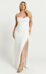 Reese Maxi Dress - Cowl Cross Back Burnout Dress in White