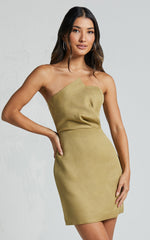 Myla Mini Dress - Strapless Draped Fitted Dress in Olive