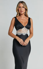 Juliet Midi Dress - V Neck Lace Insert Satin Slip Dress in Black/Beige