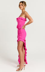 Tess Two Piece Set - Jersey Asymmetric Ruffle Strapless Top And Midi Skirt in Fuchsia Pink