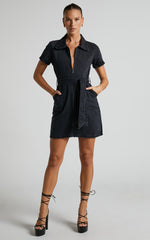 Nandini Mini Dress - Zip Through Denim Dress in Black Wash