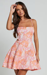 Lauraine Mini Dress - Strappy Straight Neck Back Cut Out Dress in Pink and Orange Floral