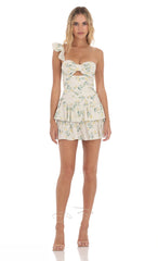 Floral One Shoulder Cutout Dress in Off White
