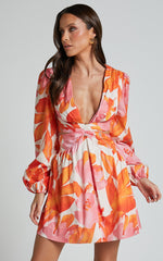 Ally Mini Dress - Plunge Neck Long Sleeve A Line Dress in Print