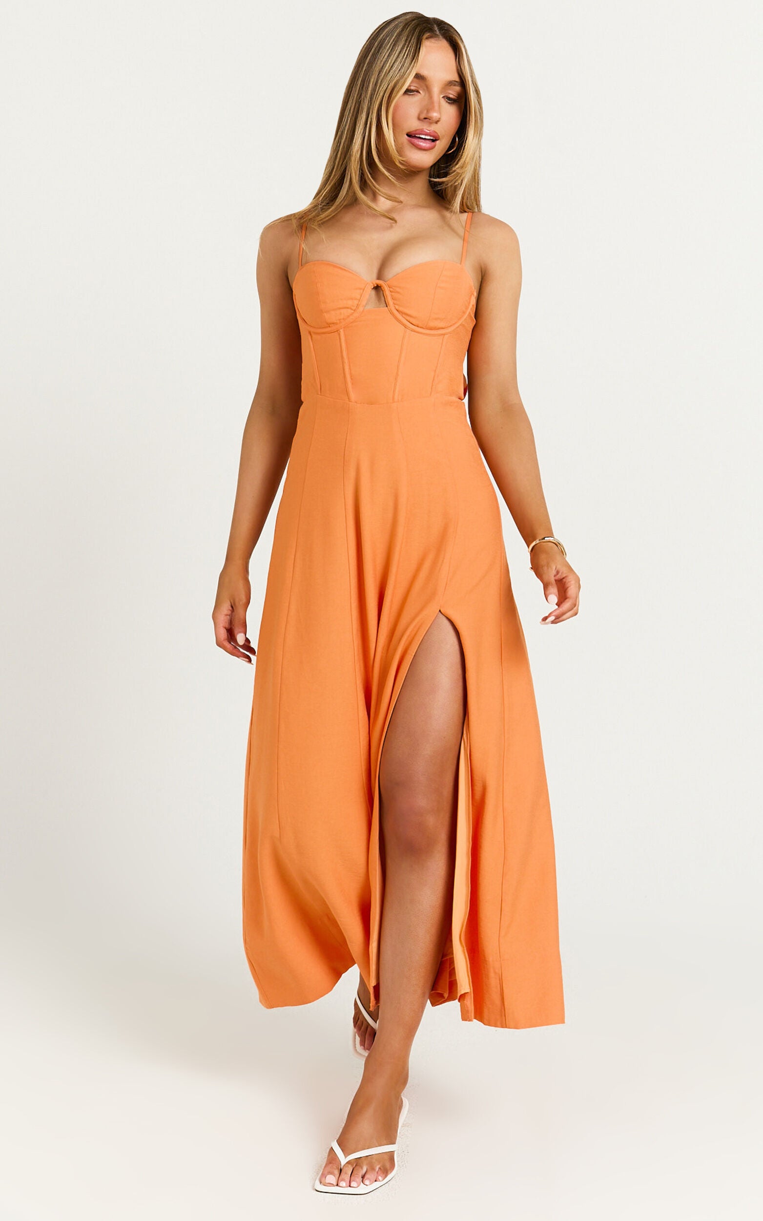 Amalie The Label - Ray Corset Panel Tie Back Midi Linen Dress in Orange