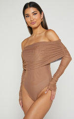 Jaythen Bodysuit - Long Sleeve Off Shoulder Ruched Mesh Bodysuit in Mocha