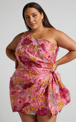 Brailey Mini Dress - One Shoulder Wrap Front Dress in Pink Jacquard