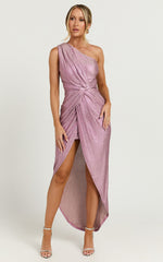 Davie Midi Dress - Metallic One Shoulder Front Wrap Dress in Soft Pink