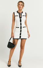 Branson Mini Dress - Sleeveless Button Down Knitted Dress in Cream with Black contrast