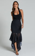 Artemisia Maxi Skirt - Frill Detail Sheer High Low Skirt in Black Polka