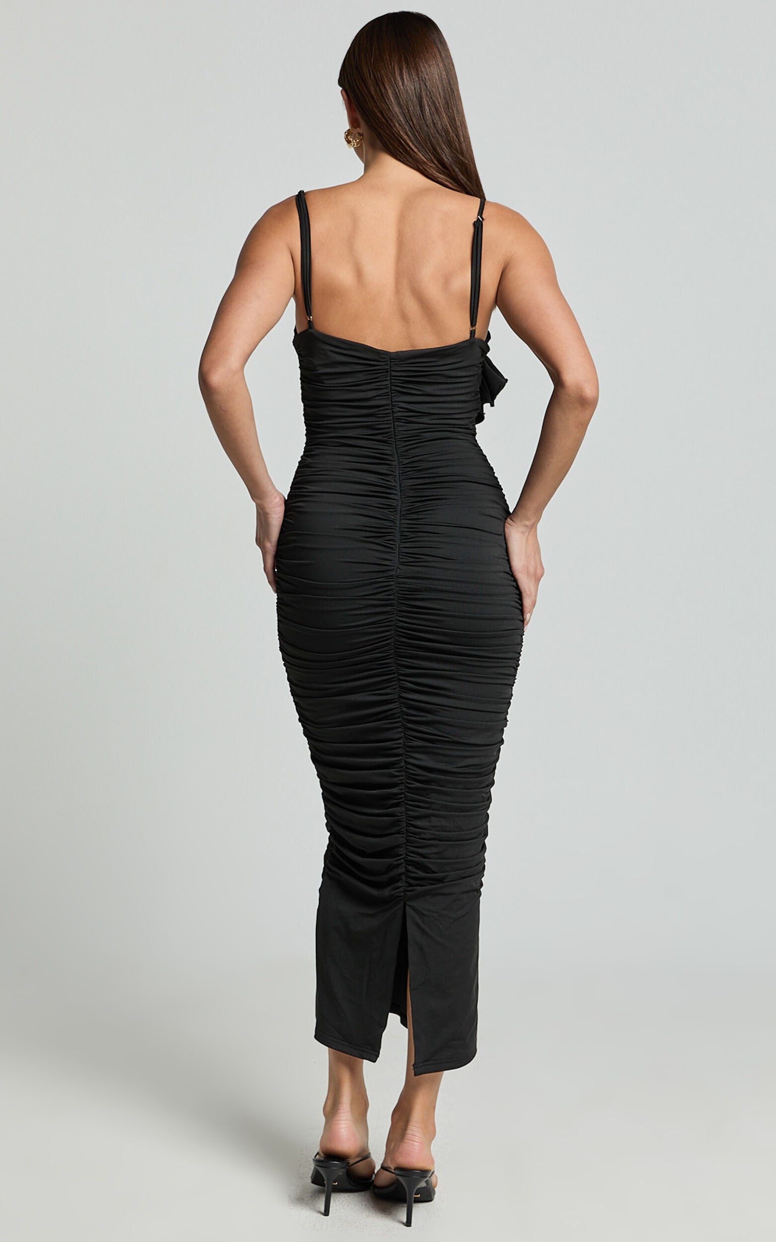 Scarlett Midi Dress - 3D Floral Corsage Ruched Bodycon Dress in Black