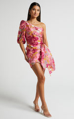 Brailey Mini Dress - One Shoulder Puff Sleeve Dress in Pink Jacquard