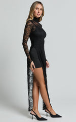 Yvette Midi Dress - High Neck Long Sleeve Slip Dress in Black
