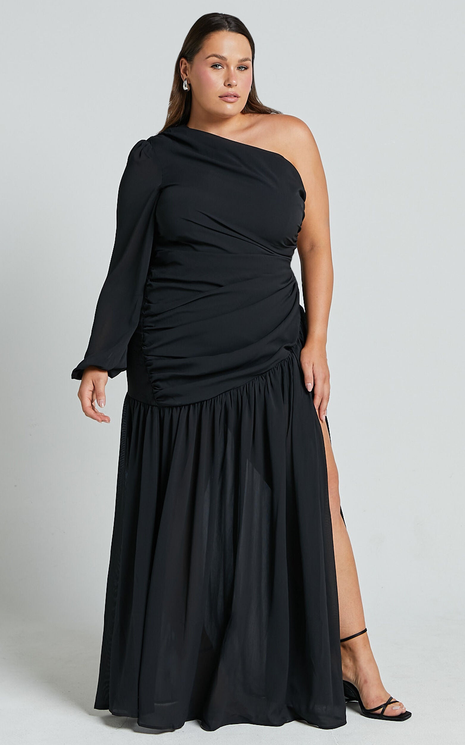 Grittah Midi Dress - One Shoulder Bishop Sleeve High Split Ruched Dress in Black