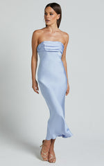 Margot Midi Dress - Gathered Bust Detail Strapless Satin Bias Cut Dress in Light Blue