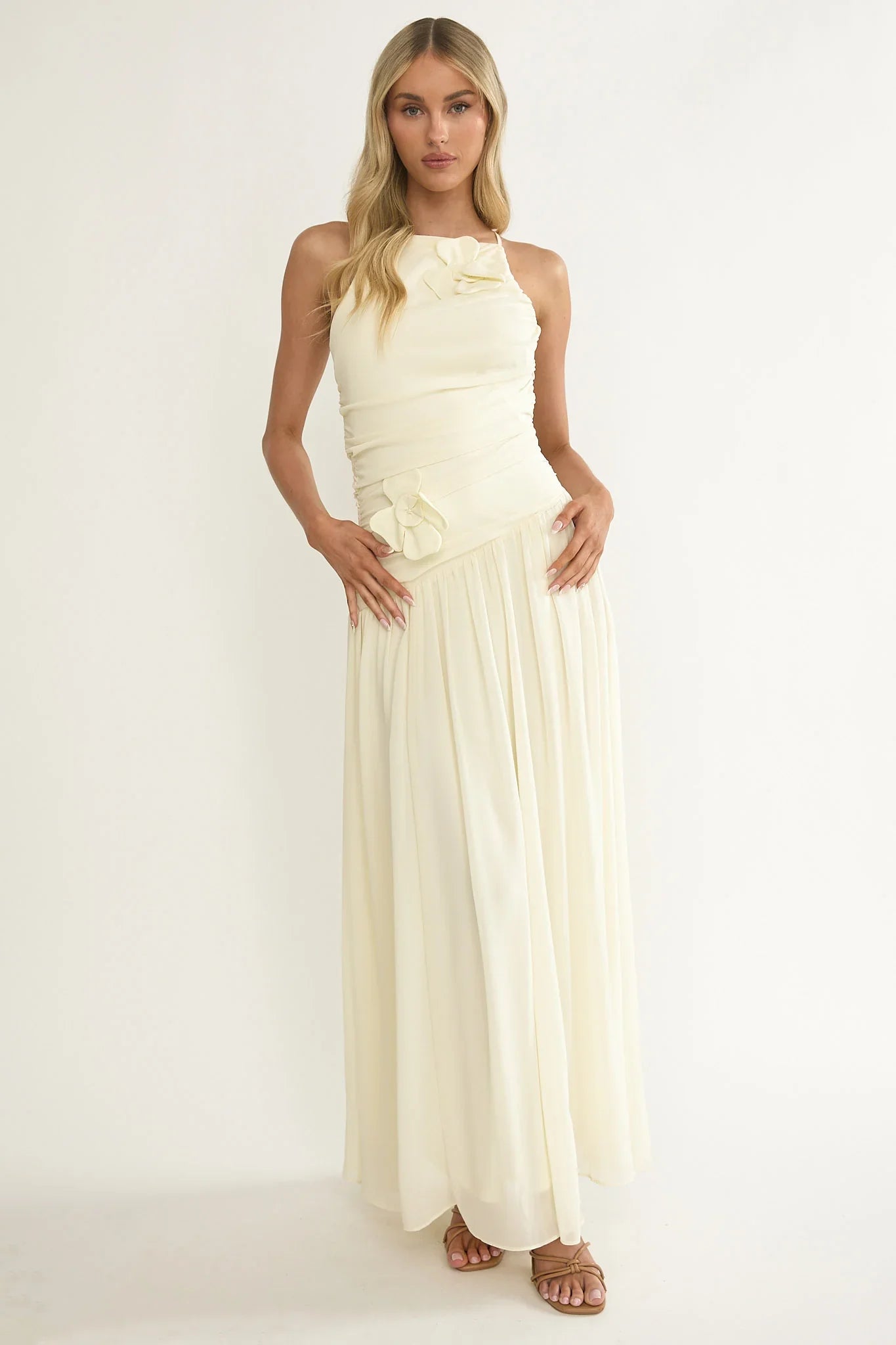 Brighten Drop Waist Flower Accent Maxi Dress Butter