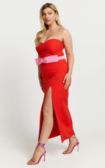 Veronica Midi Dress - Sweetheart Strapless Bow Detail High Split Dress in Red