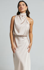 Minnie Midi Dress - Drape Neck Satin Slip Dress in Champagne