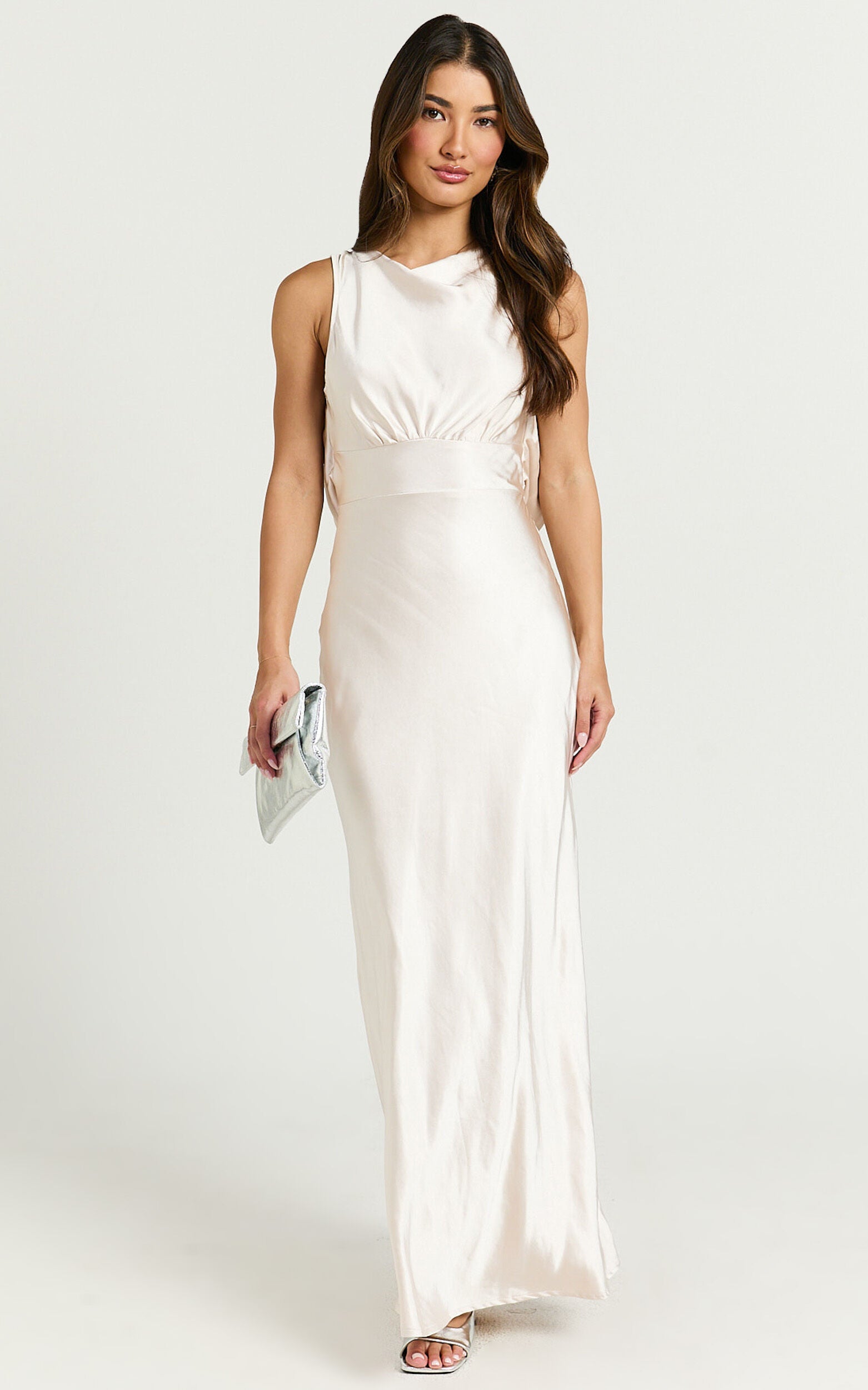 Fheliz Midi Dress - Satin Open Back Dress in Oyster