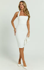 Vanessa Midi Dress - Halter Neck Below Knee Column Dress in White